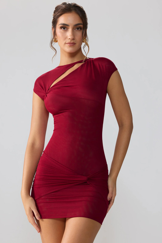 Mesh Cap Sleeve Cut Out Mini Dress in Ruby - UK Size:10